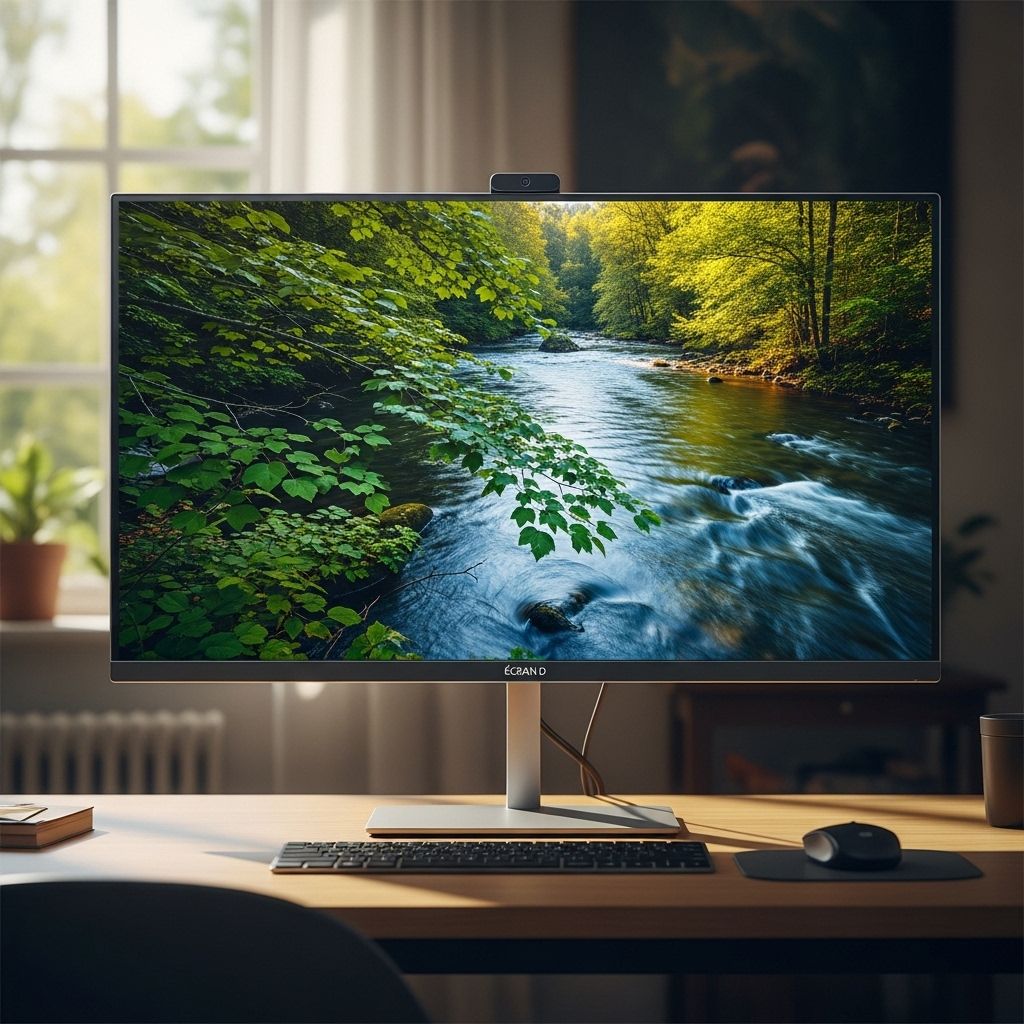 Écran d'ordinateur allumé dans une pièce sombre avec une lueur bleue qui se projette sur un bureau en bois, illustrant l'exposition à la lumière bleue des écrans numériques