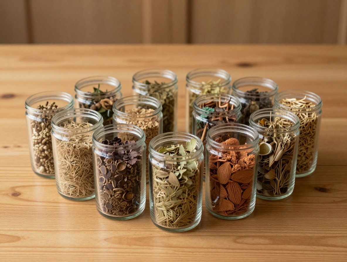 Arrangement soigné de petits contenants en verre transparents remplis de différentes graines, poudres et herbes séchées sur une surface en bois naturel, photographiés avec un éclairage chaud et doux de type documentaire